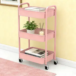 3-Tier Rolling Utility Cart with Locking Casters –  Metal Storage Organizer on Wheels, Space-Saving Mobile Cart with Handle for Kitchen, Bathroom, Office, Dorm, Classroom & Bedside