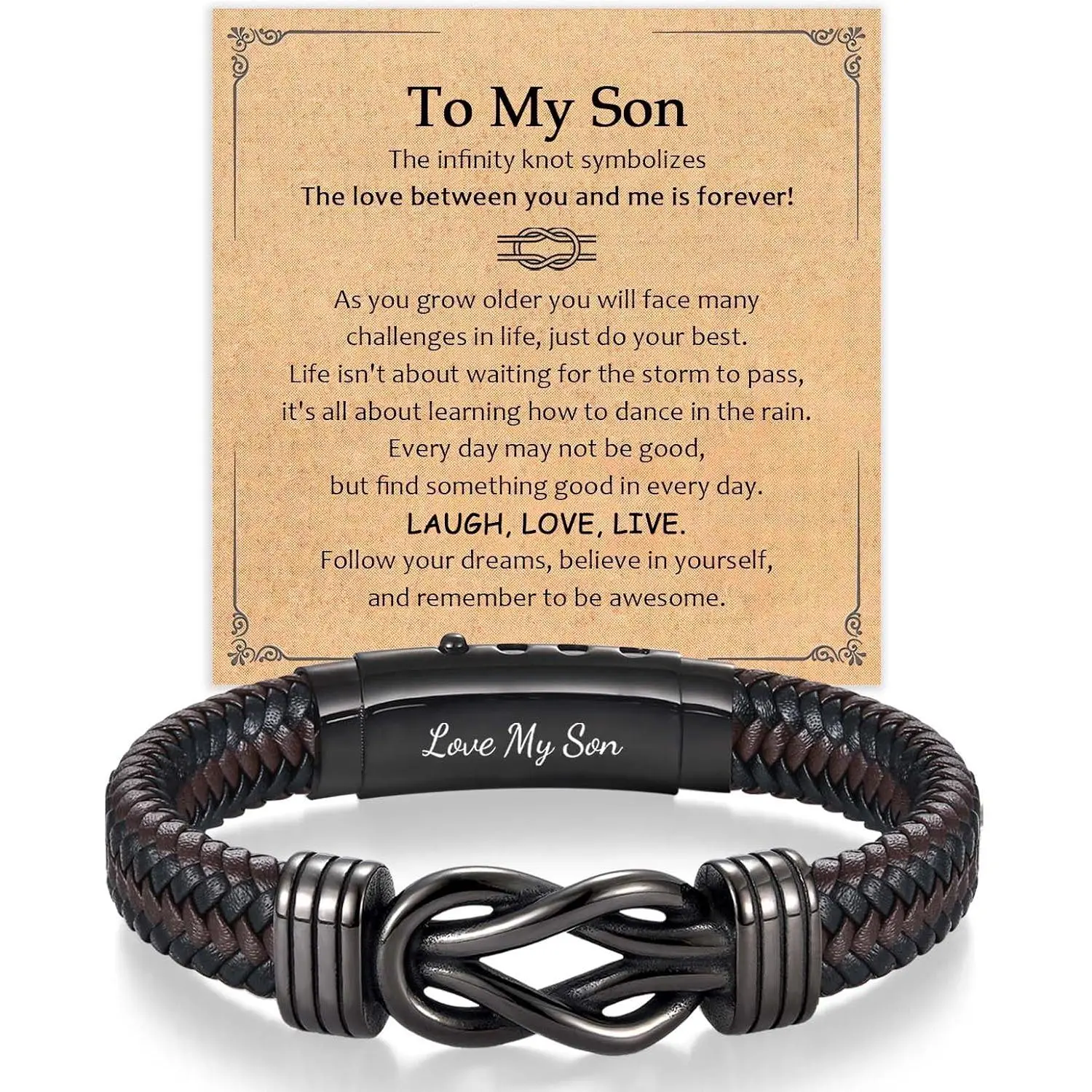 Men's Infinity Leather Bracelet - Engraved Gift, Personalized Engraved Jewelry for Boys, Son, Grandson, Nephew, Brother, Dad, Husband, Uncle | Christmas, Birthday Gifts