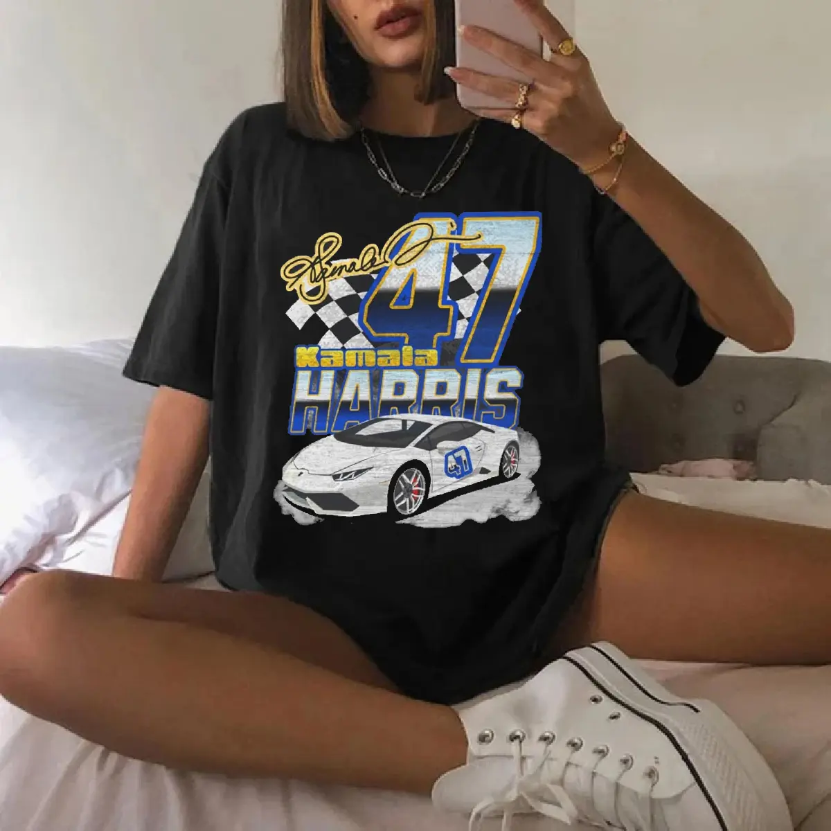 Funny Kamala Harris 47 shirt | Harris for president election 2024 t-shirt | Parody stock car racing tshirt | Trendy race graphic tee Fashion Retro Top Womenswear
