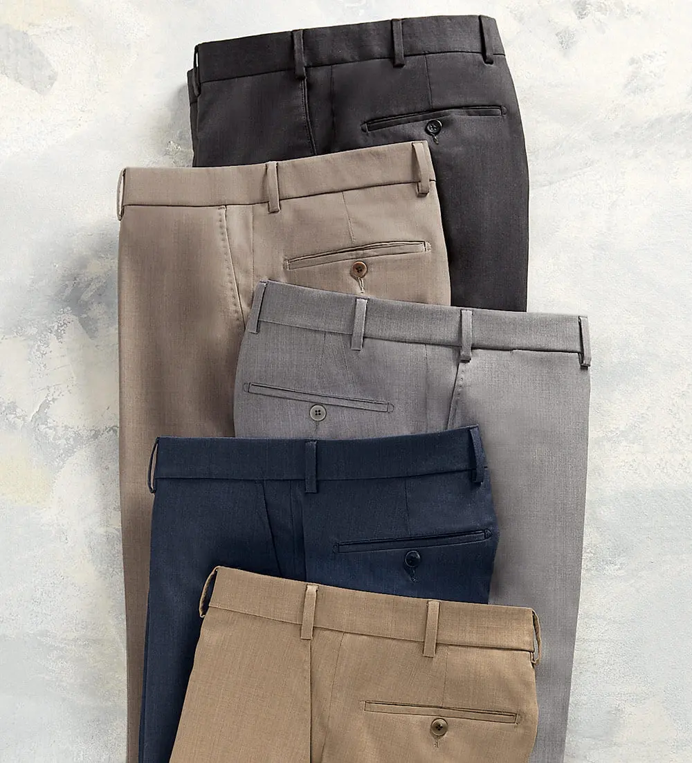 Men's Loro Piana Super 130’s Wool Formal Dress Pants - Button, Flat Front, Natural Stretch, Performance Premium Menswear Bottoms, Welt Pockets, 7.75 Oz, Business Style Men's Pants, Fitted, Luxury, Solid, Raw Hem, Plain