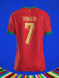 Ronaldo #7 Portugal National Team Red Home Soccer Jersey Gold Number Green Trim Textured Pattern Breathable Quick Dry Short Sleeve for Ronaldo Fans, Portugal Supporters, Football Collectors & Streetwear Enthusiasts