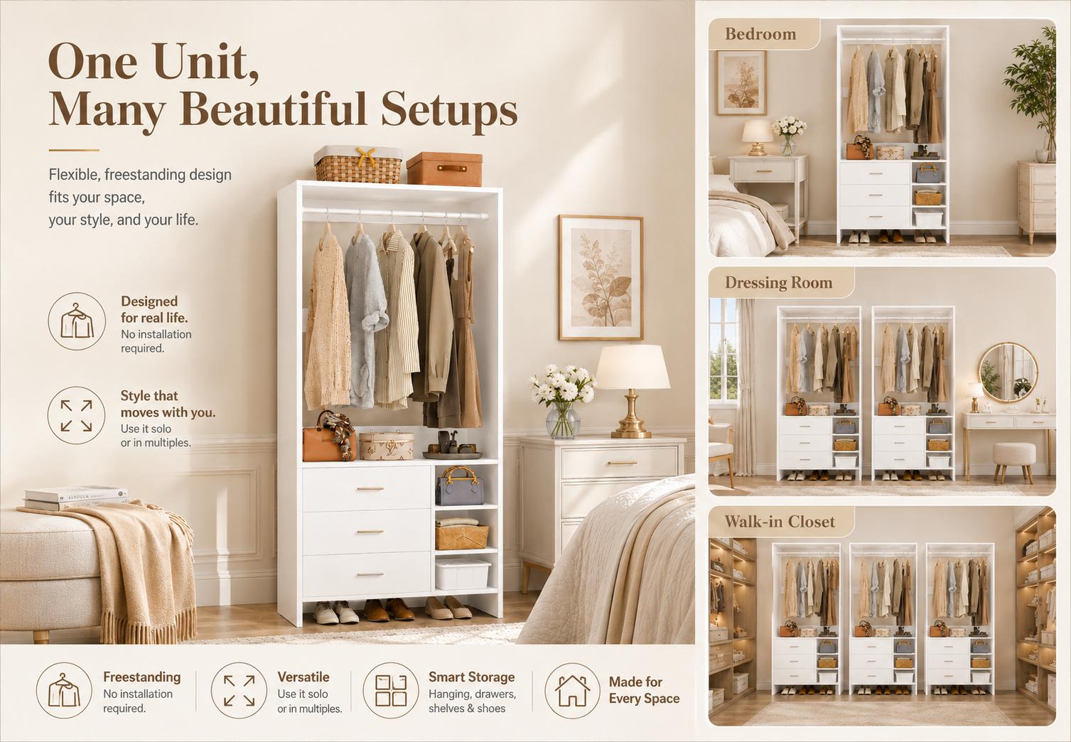 Wood Closet Organization Wardrobe with 3 Drawers - Heavy Duty Dresser Alternative, Aesthetic Renter Friendly Closet System Freestanding Closet Organizer
