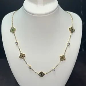 Elegant Necklace with Zirconia Details - Gold-Toned Chain & Clover-Shaped Charms for Women