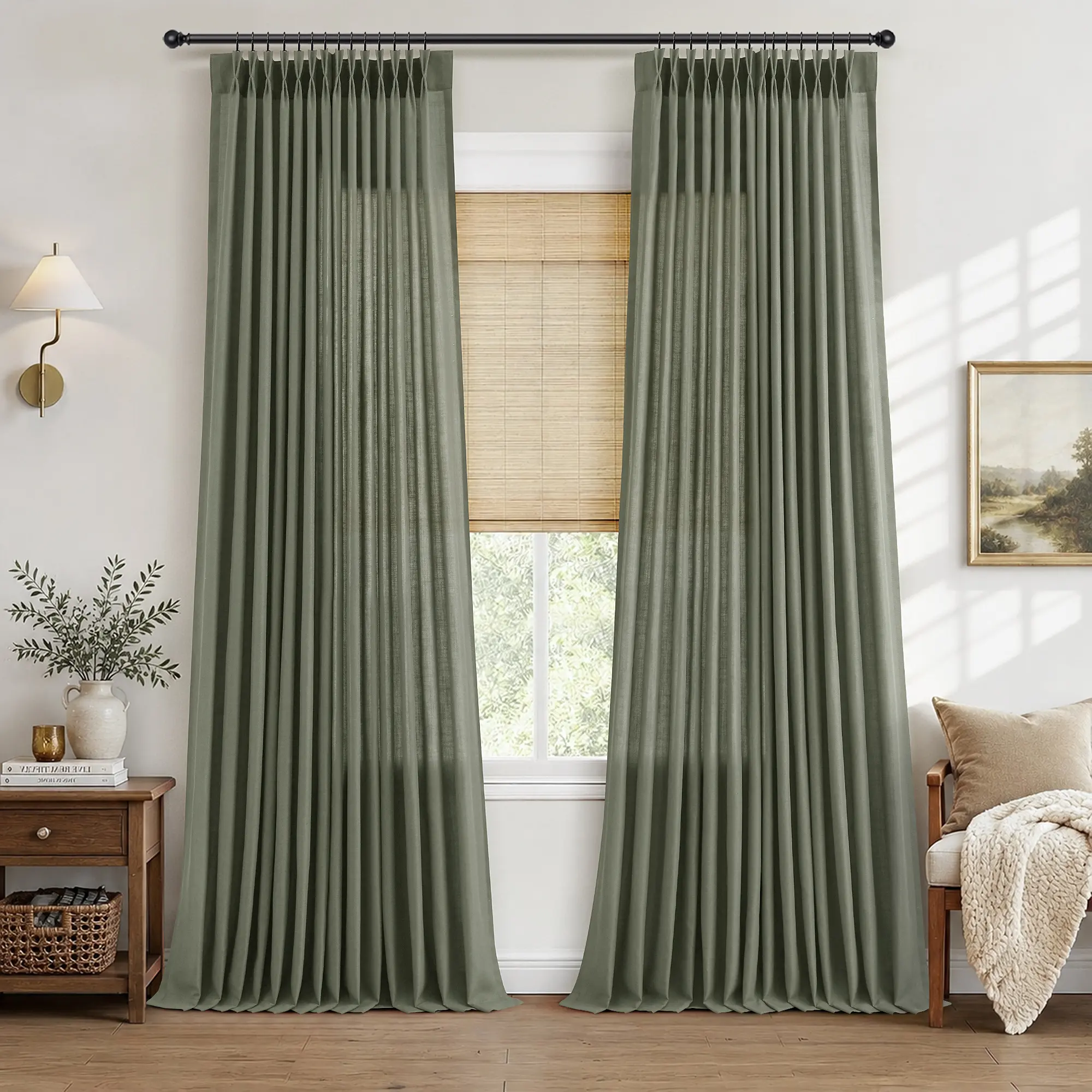 Jowels Pinch Pleated 2 Panels Drapes Linen Sheer Curtains for Living Room Light Filtering Sheer Curtains, with Hooks, Rings, Clips,  Privacy Window Drapes for Bedroom, Boho Farmhouse