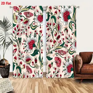 2D Flat 2-Pack Light Peach Floral Curtains with Red & White Flowers, Green Leaves, Berries, Butterflies - Seamless Vintage Pattern for Bedroom/Living Room Decor