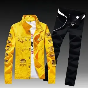 Men's Spring Autumn Denim Jacket and Jeans Set Fashion Single Breasted Two Piece Denim Suit Basic Formal Menswear Long Sleeve Belt Not Included