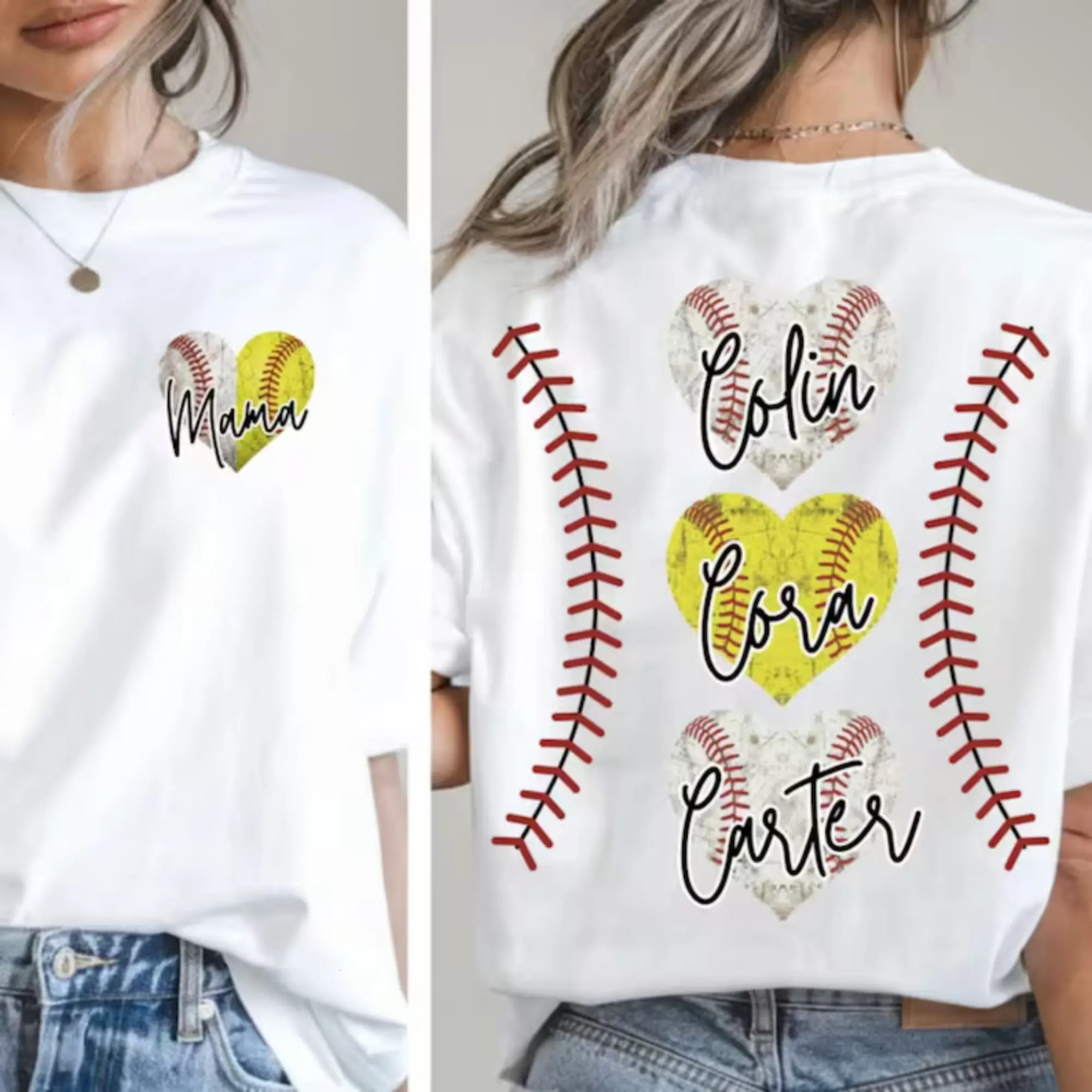 Women's Comfort Colors Fitted Comfortable Casual T-Shirt - Custom Baseball-Softball Mom Top for Game Day, Personalized with Player Name (Mom of Both)