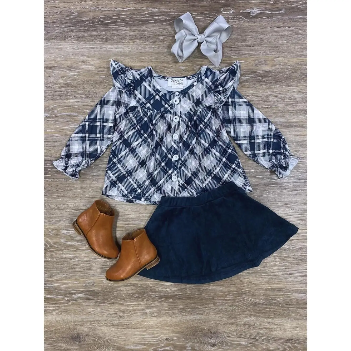 Blue Plaid Ruffle Top Girls Skirt Set