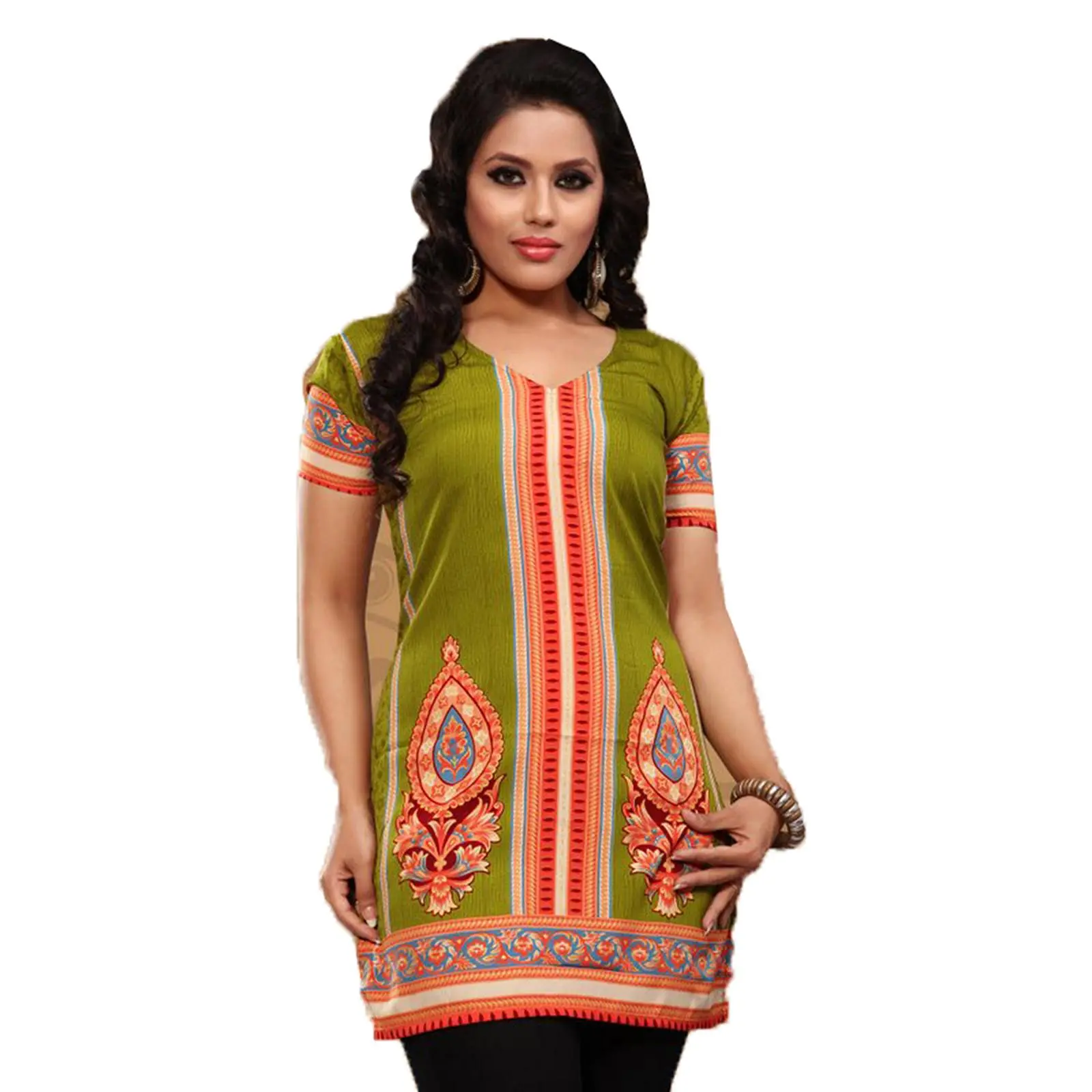 Indian Style Printed Kurtis for Women Short Crepe Kurti V-Neck, Short Sleeves Tunic Top Blouse. 1915-SS