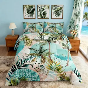 Tropical Beach Comforter Set,Green Palm Trees Bedding Set for Kids Boys Girls Room Decor,Summer Ocean Beach Theme Down Comforter,No Sheets