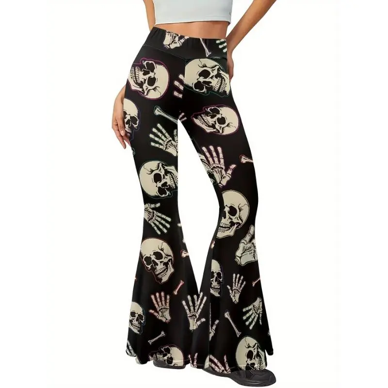 Coast Blend Threads 1pc Gothic Skull Print Flare Leg Pants, High Waist Stretchy Elastic Waistband, Women's Sexy Halloween Pattern Knit Polyester 100% Fabric, All-Season Adult Bell Bottoms, Halloween Clothes Womenswear Comfort Multicolor