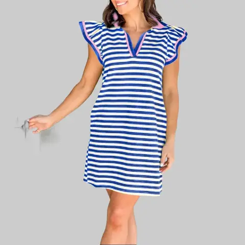 Women's Casual Fashionable Dress - S-4X Plus Size (1X,2X Included), H-Type Striped Poly-Cotton Blend Knit, Contrast Collar Split Neck, Cap Short Sleeve, Front Zipper, Mini Length Leg-Length Look, Spring Summer Daily Wear