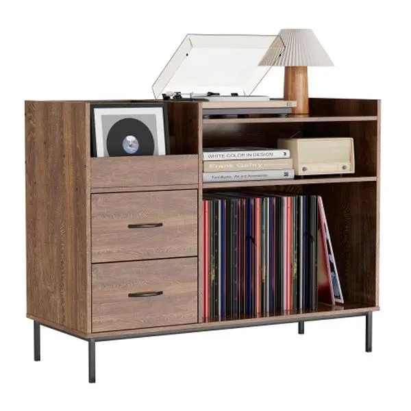 Bellemave MDF Frame Storage TV Stand - Wood Grain Indoor Furniture with Turntable Fit Shelf, Vinyl Rack (350+ Capacity), Adjustable Shelves, Speaker Space, 2 Hidden Drawer Stash, 27.6in for Living Room, Bedroom (Some Assembly Required, Sturdy)
