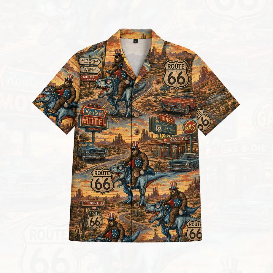 Bigfoot Route 66 Hawaiian Shirt for Men, Funny Sasquatch Dinosaur Road Trip Button Down, Lightweight Vacation Shirt, Perfect Gift for Him