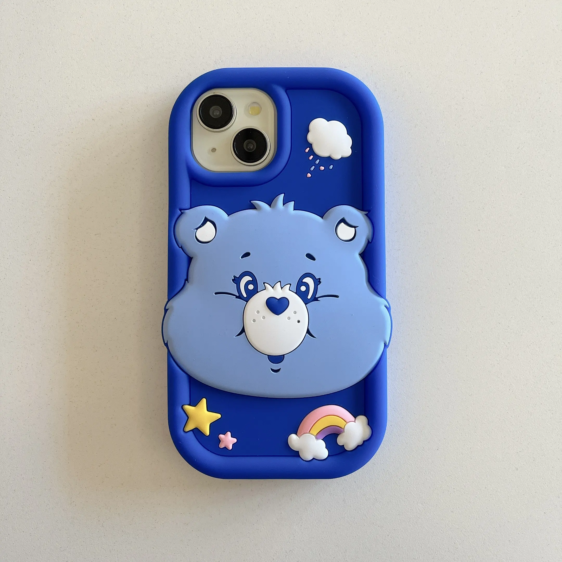 3D Blue Care Bears Soft Silicone iPhone Case With Rainbow Stars Clouds