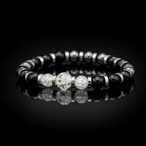 Men's Executive Success Bracelet: Black Tourmaline, Onyx, Hematite, Clear Quartz and Silver Steel