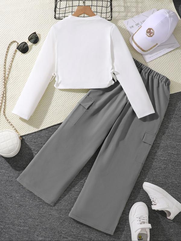 Girls' Letter Print Long Sleeve Top & Army Cargo Pants Set, Clothes, Casual Fall Winter, Fitted Woven Fabric, Daily Wear