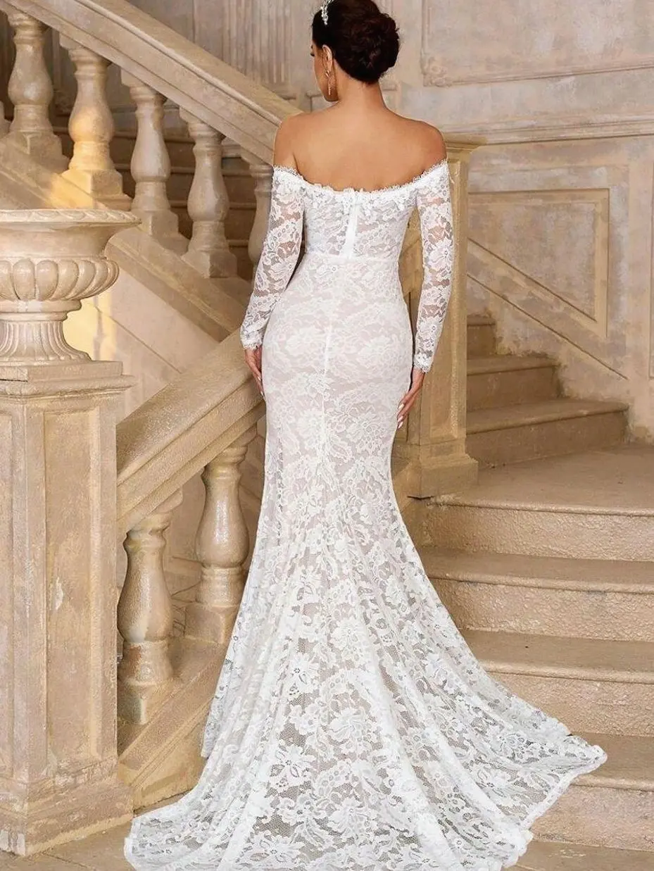 SHEIN Belle Elegant White Summer Wedding Dress,Off-Shoulder See-Through Long Sleeves Lace Mermaid Bridal Gown With Extra Long Tail,French Applique High Slit Dress