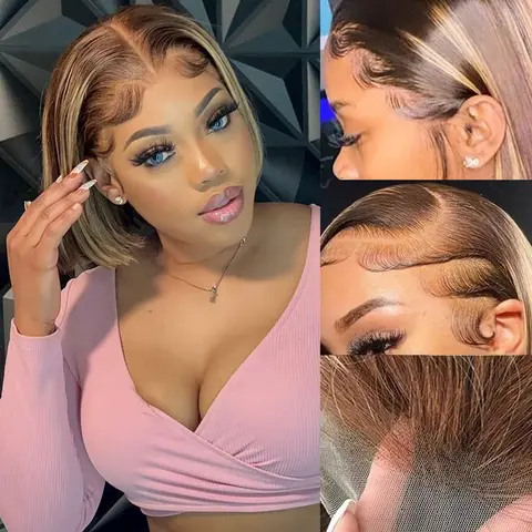Nerkre Glueless Human Hair Lace Front Bob Wig - 13x4 Frontal, 4/27 Honey Blonde Highlighted Ombre, Silky Tangle-Free, Colored Bob Wig for Wedding & Birthday