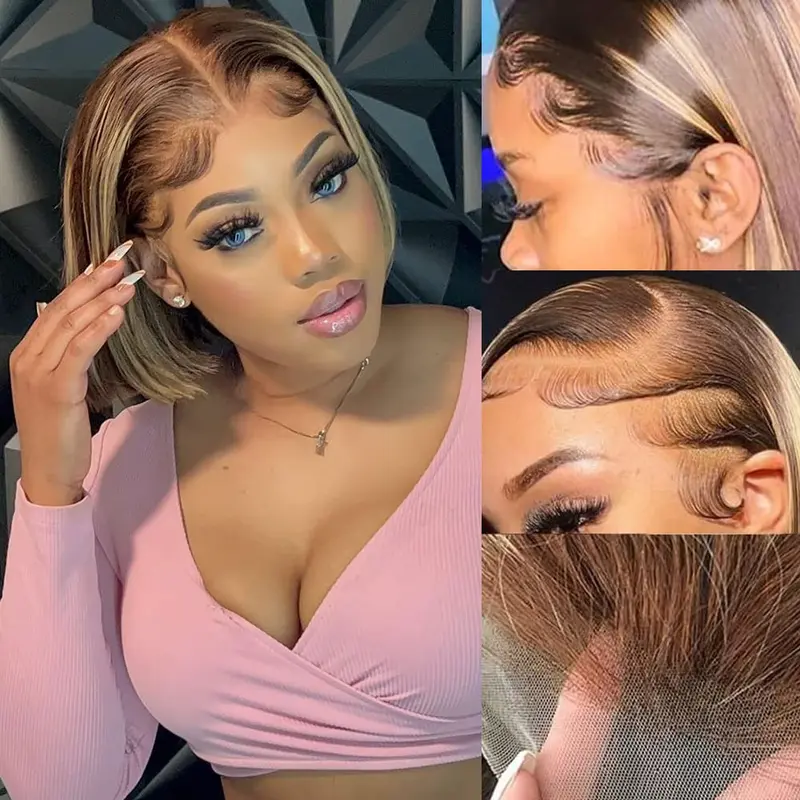 Nerkre Glueless Human Hair Lace Front Bob Wig - 13x4 Frontal, 4/27 Honey Blonde Highlighted Ombre, Silky Tangle-Free, Colored Bob Wig for Wedding & Birthday