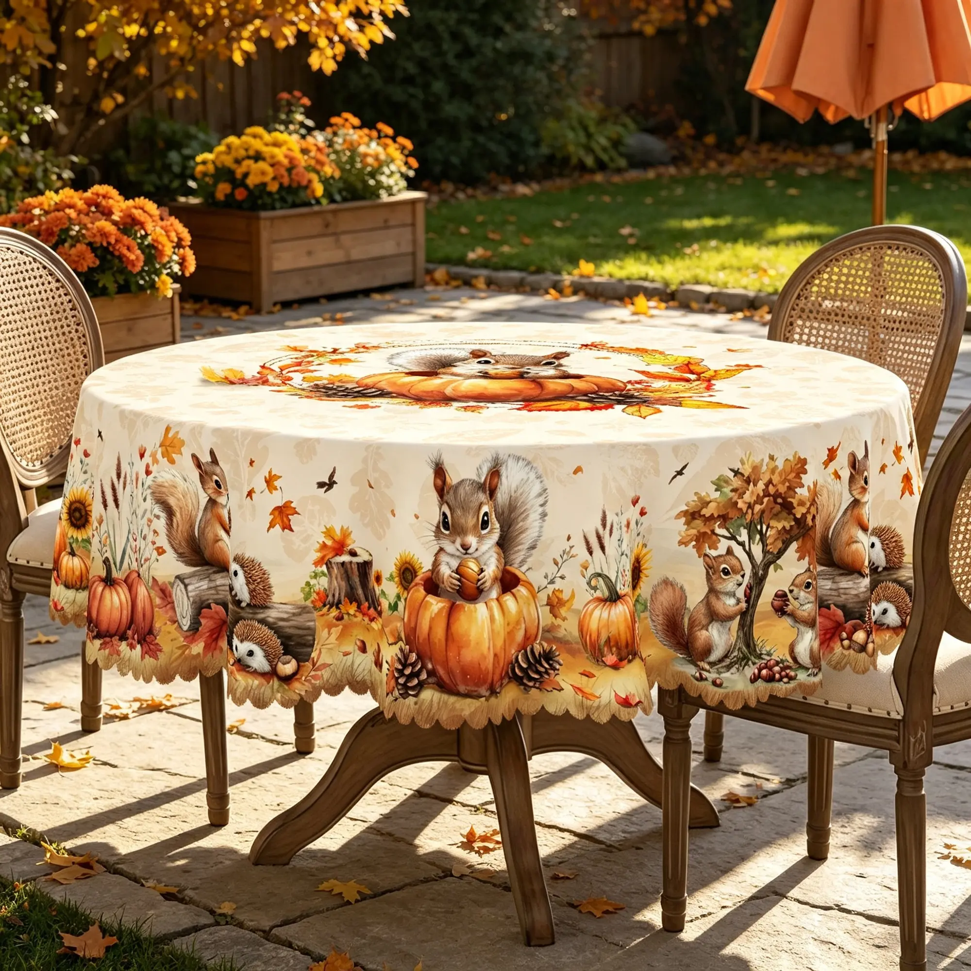 BOOPBEEP Autumn Thanksgiving Tablecloth, Pumpkin, Squirrel, Maple Leaves Design, Fall Decoration, Fall Home Decor For House, Ideal Indoor/Outdoor Fall Gift, Retro Rural Farmhouse Style, Camping Picnicking, Kitchen Decor, Rectangular&Round Table cover