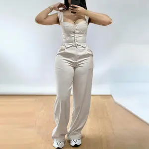 ChicMe Women's 2 Piece Thick Strap Button Front Slim Fit Tank Top & High Waist Wide Leg Pants Casual Outfit Set Flowy