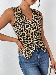 A fashionable leopard print slim fit V-neck sleeveless Casual comfy vest for women, suitable for commuting to work, shopping and outdoor activities, indoor and outdoor dressing Womenswear