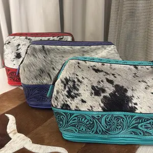 Tooled Cowhide Makeup Bag with Embroidered Design and Multiple Colors Available