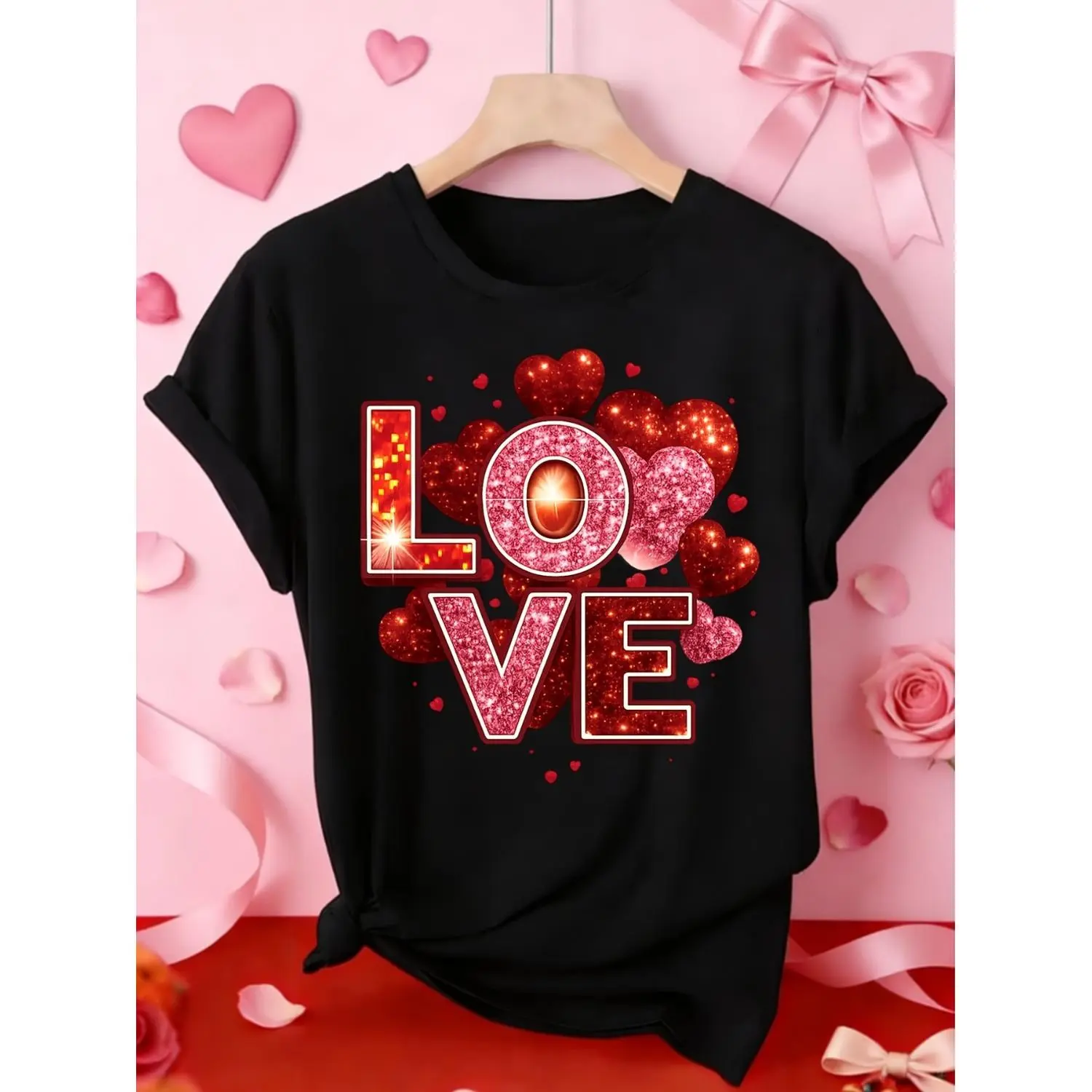 Lady's Short-Sleeve Round Neck Heart-Shaped Sequin T-Shirt - Striking Red & Pink "LOVE" Design, Casual Streetwear Top for Valentine's Day, Stylish Fun Wear