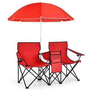 Giantex Double Portable Picnic Chairs, Folding Camping Chairs w/Detachable Umbrella, Cooler Bag, Cup Holders, Patio Beach Camping Chairs for Outdoors football baseball season