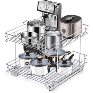Chrome Finish Pull Out Drawer Cabinet Organizer 2 Tier (17" W * 21" D*15.12''H) Professional Sliding Pantry Shelves Under Kitchen Bathroom Sink Wire Drawer Storage Roll Out Shelf Basket