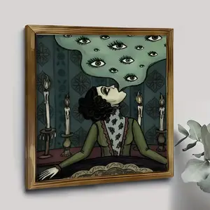 Wall Pediments 2D Flat, 1Pc Wood Frame Sign Mysterious woman, multi-eyed smoke, gothic surrealism style Wall Art Paintings Ideal Gift For Living Room Bedroom Corridor Wall Decor Room Decoration Ready to Hang 8*8inch