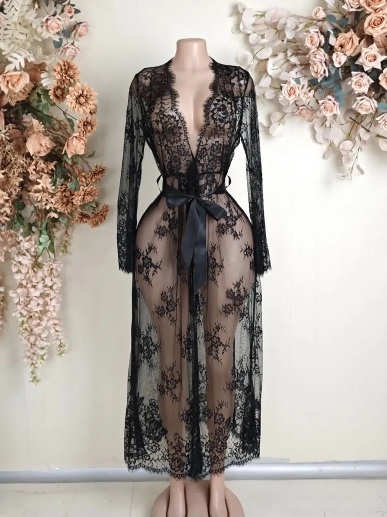 Women's Lace High Slit Transparent Long Robe, Lingerie, Nightwear, Couple, Romantic Style, Party, Bff Gathering, Bridal Party