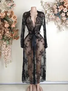 Women's Lace High Slit Transparent Long Robe, Lingerie, Couple, Romantic Style, Party, Bff Gathering, Bride Party