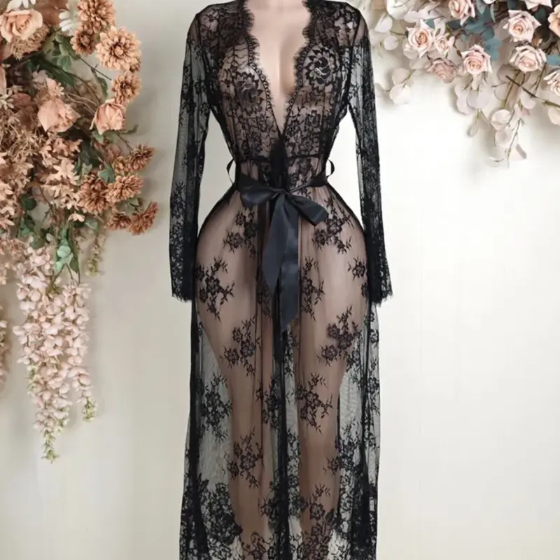 Women's Lace Floral High Slit Transparent Long Robe, Lingerie, Nightwear, Couple, Romantic Style, Party, Bff Gathering, Bridal Party, Loungewear