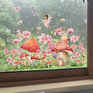 Fairy Garden Window Clings, Double-Side Glass Decals Enchanted Mushroom House with Flowers and Butterflies Glass Stickers, Reusable Nursery Room Home Decor (Pink)