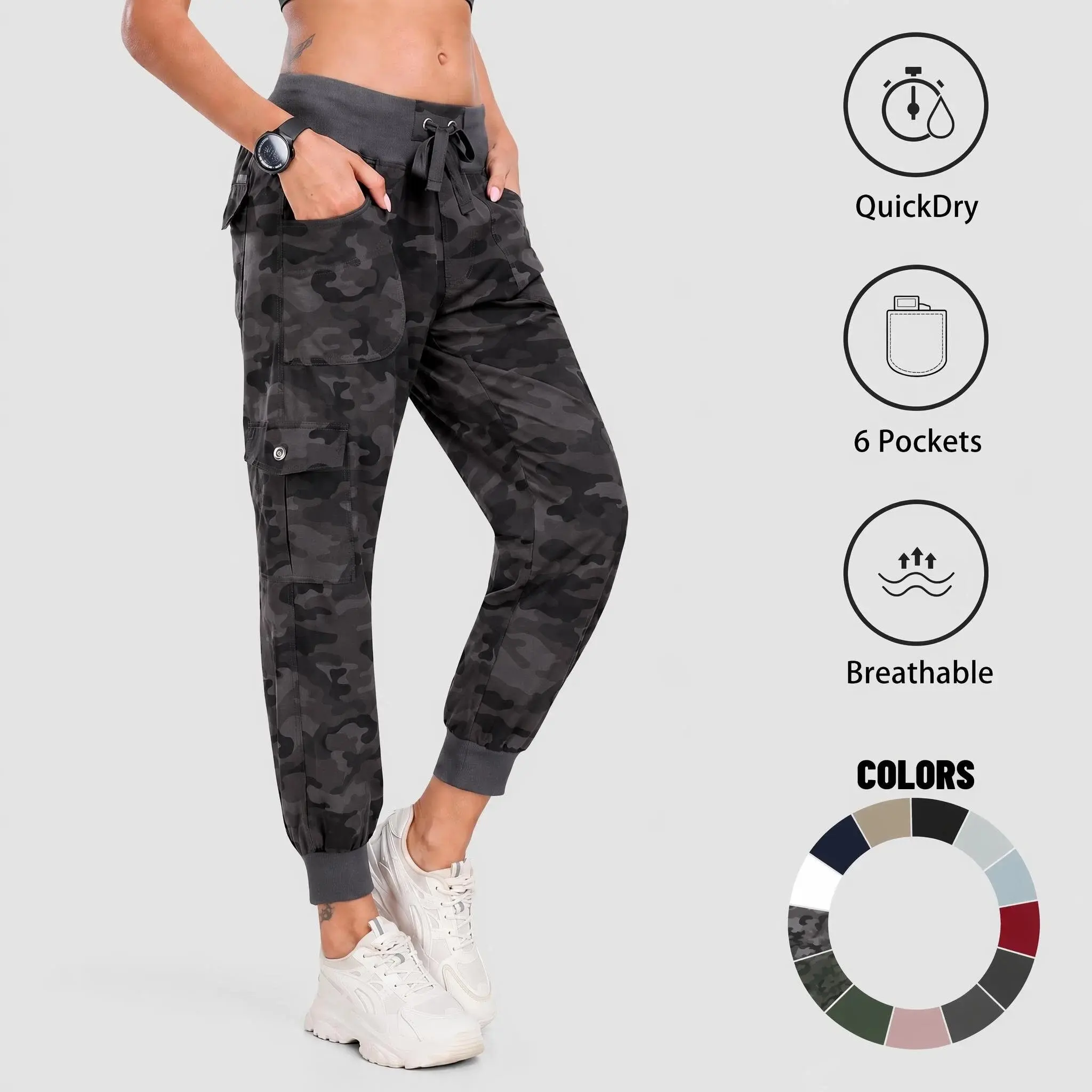 MoFiz Women's Lightweight  Hiking Cargo Pants Outdoor Quick Dry Casual Travel Sweatpants Joggers Elastic Waist Button Pockets Comfy Moms over 30 Basic four season【XS-3XL】