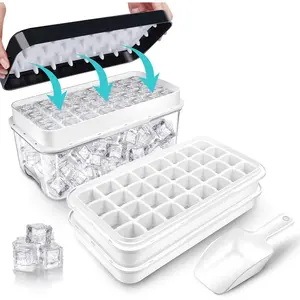 Ice Trays for Freezer with Lid & Bin 64pcs Ice Cube Tray Easy Press to Release Ice with Storage Bin for Chilling Cocktail Whiskey Coffee 2 Trays 1 Ice Bucket & Scoop (Black)
