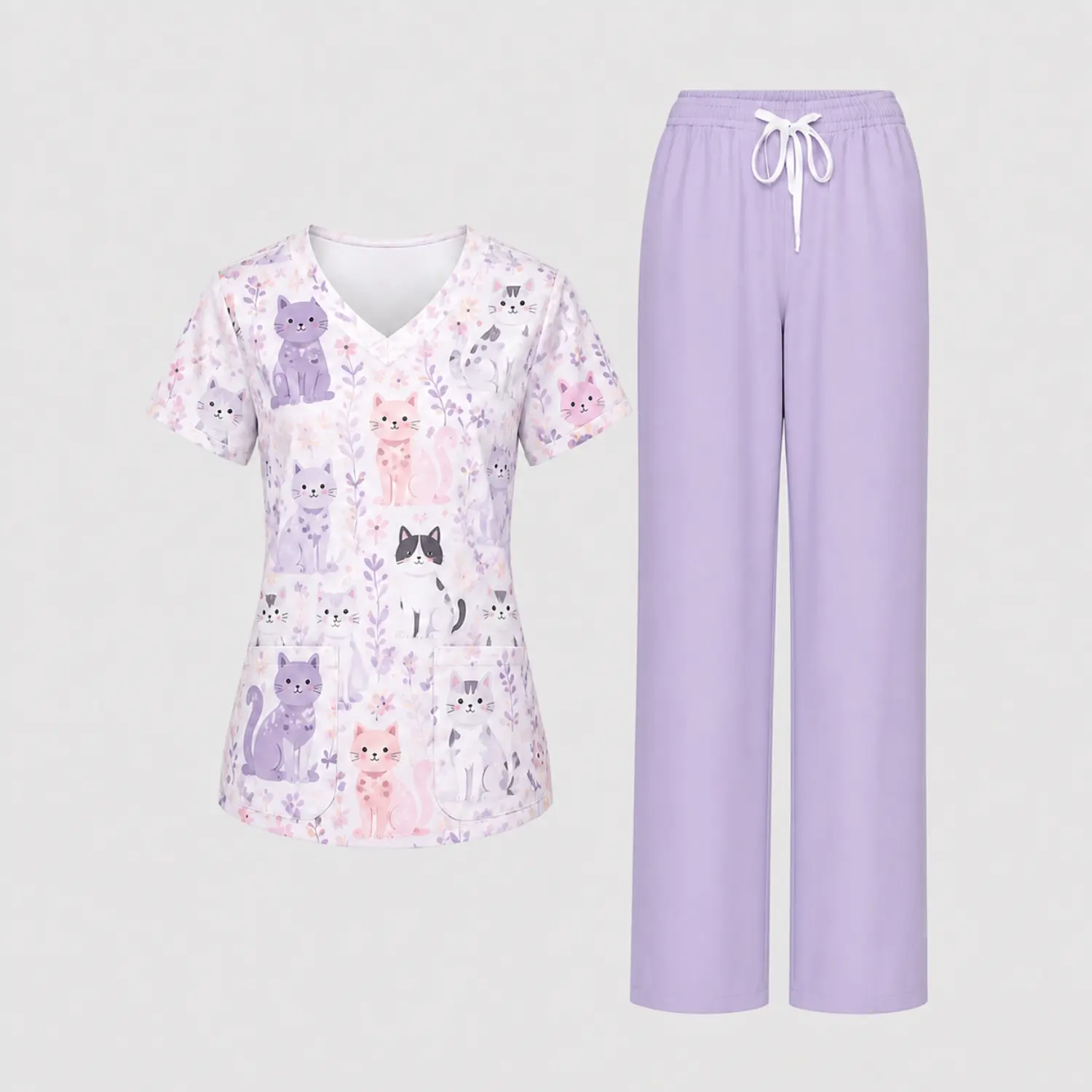 Women's Nurse Scrub Set - Cute Pastel Cat & Floral Print Top, Lavender Drawstring Pants for Medical Healthcare Work