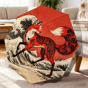 Floating Ink Fox Umbrella, Auto Open-Close Portable Travel Umbrella, Durable 8-Rib Structure, Sun Protection, Outdoor Activities