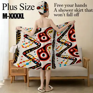 Tribal Ethnic Abstract Print Bath Skirt & Hair Towel Wrap Set, Plus Size M-XXXXL, Premium Microfiber Soft Absorbent Material, Non-Slip Adjustable Shower Wrap, Multi-Use Spa Towel Dress, Ideal for Spring, Bathroom, Pool & Daily Boho Chic Use for Women