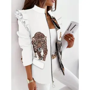 Elegant women’s long-sleeve zip-up blazer with ruffle trim, leopard print, stand collar, two-button front closure, and front pockets; available in beige, brown, black, or white; suitable for spring and fall; fabric jacket set? Casual outfit