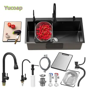 YUCOAP Black Stainless Steel Kitchen Sink, Drop-In or Undermount Single Bowl Sink with Cutting Board, Drain Basket & Accessories, 31.5 x 17.7 in