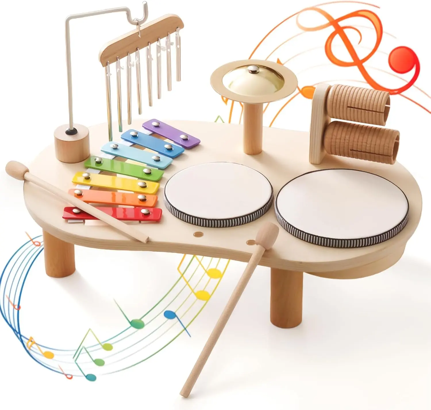 Wooden Musical Instrument Set for Toddlers 1-4, Montessori Sensory Learning Toy with Xylophone & Drum, Unisex Educational Christmas or Birthday Gift, Toys, Sensory Products, Holidays