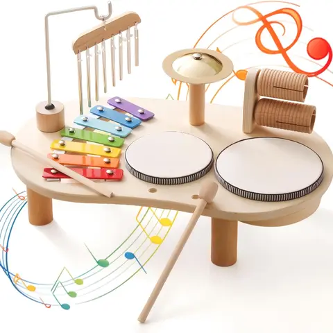 LET'S MAKE Wood 5-in-1 Musical Instrument Set - Montessori Toddler Toys with Xylophone & Drum, Stackable Kids Sound Toys for 1-4 Yrs, Birthday Cool Gifts for Kids Aiding Children Development