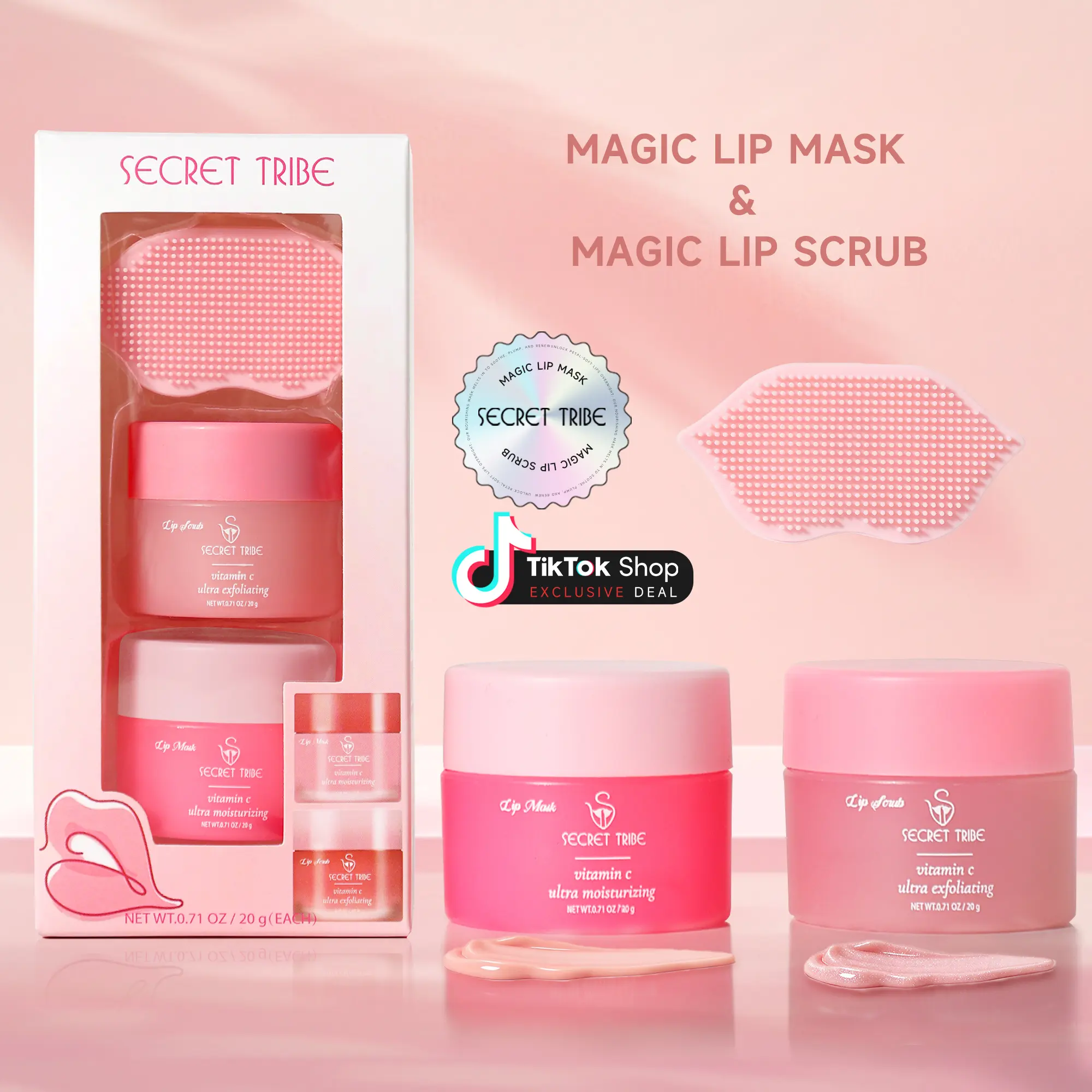 SECRET TRIBE Lip Care Set – Lip Scrub (Peach) &Lip Mask (Strawberry) with Lip Brush for Smooth, Hydrated Lips