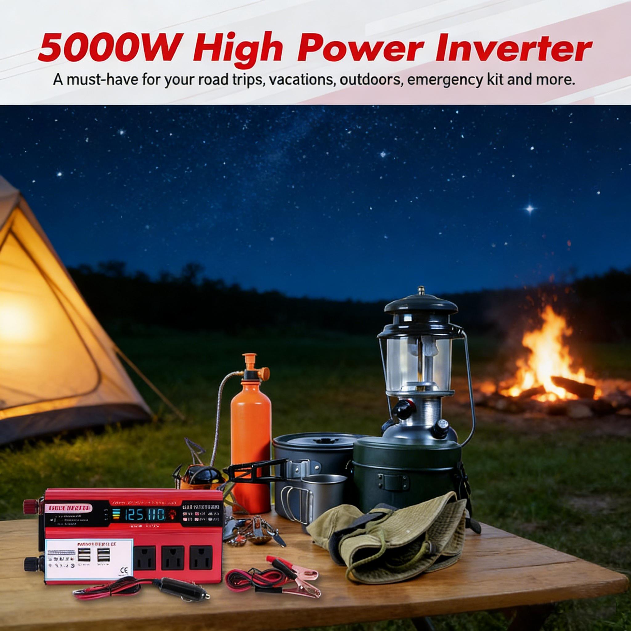Truck RV Solar Power Inverter 5000W 12V to 24V Pure Sine Wave 4000W Peak Dual AC Sockets USB Hardwire Remote Control for Off Grid Home Solar Setup Reliable DC to AC Converter for Mobile Power Needs