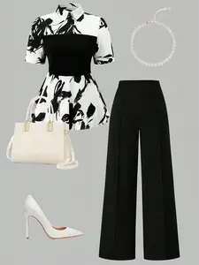 Women's 2 Piece Outfits Floral Print Peplum Shirt Wide Leg Pants Set Short Sleeve Business Casual Commuter Elegant Office Workwear Trendy Chic Womenswear