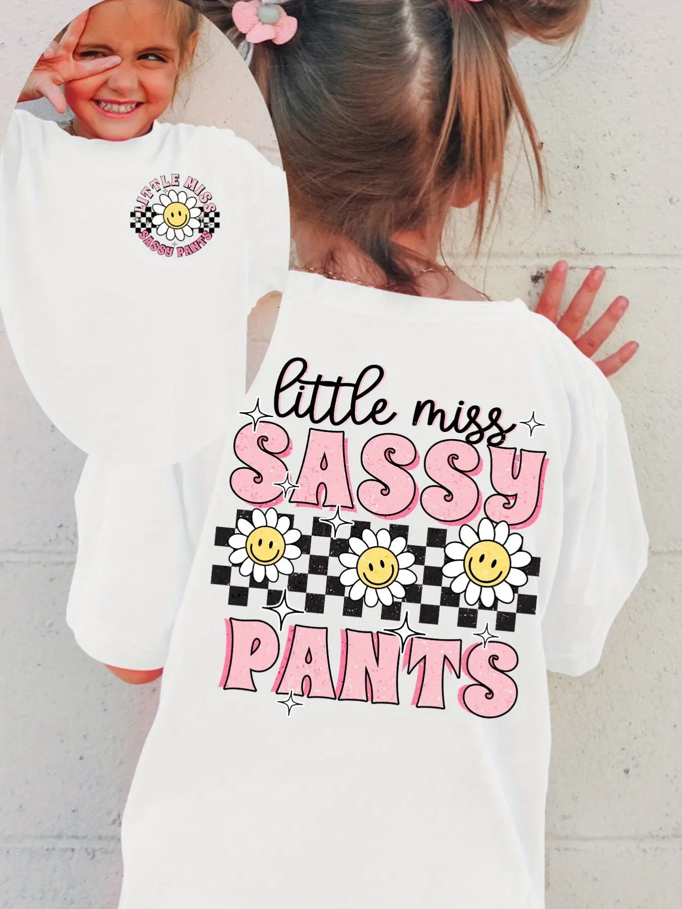 PUEMCO Girls' White Cotton Short-Sleeve Scoop Neck T-Shirt - Little Miss Sassy Pants Retro Smiley Daisy Checkerboard, Double-Sided Vintage Distressed Letters Back Print, Kids' Casual Summer Top