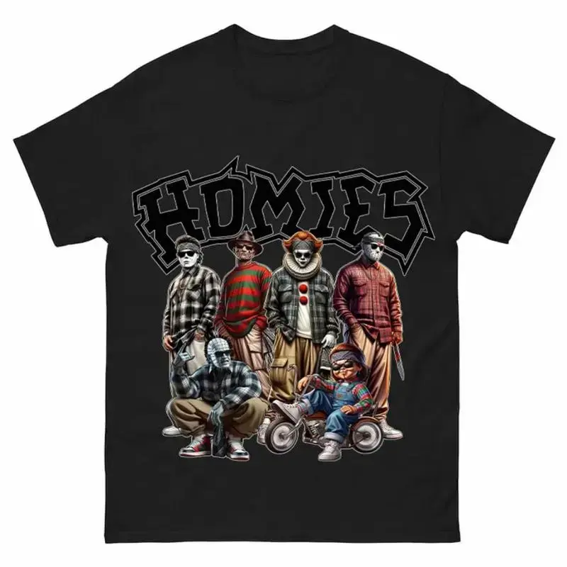 Men's Horror Movie Villains Graphic T-Shirt - Crew Neck, Short-Sleeve, Funny Chucky, Retro Lowrider Style, Halloween Streetwear Menswear Top, Tshirt, Shortsleeve, Graphic Print, Round Neck, Funny Chucky Tee